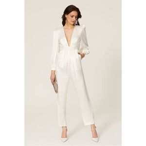 IEENA for Mac Duggal White Satin Long Sleeve V-Neck Jumpsuit Women's Size 6